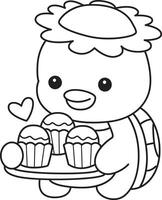 Outline of kappa bring a three of cupcakes. Coloring pages of cute kappa. vector