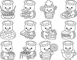 Outline of kappa in the variation of fast food and snack. Coloring pages of cute kappa. vector