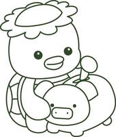 Outline of kappa savings money in the piggy bank. Coloring pages of cute kappa. vector