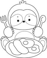 Outline of sloth eating a bacon and eggs. Coloring pages of cute sloth. vector