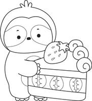 Outline of sloth bring a strawberry cake. Coloring pages of cute sloth. vector