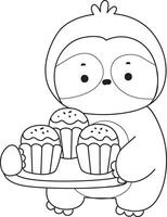Outline of sloth bring a three of cupcake. Coloring pages of cute sloth. vector