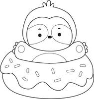 Outline of sloth stuck in the doughnut. Coloring pages of cute sloth. vector
