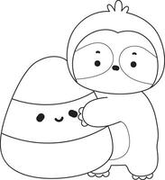 Outline of sloth bring a yellow candy. Coloring pages of cute sloth. vector