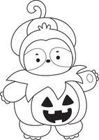 Outline of sloth wearing a pumpkin costume in halloween. Coloring pages of cute sloth. vector