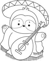 Outline of sloth wearing indiana costume. Coloring pages of cute sloth. vector