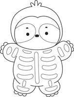 Outline of sloth wearing a skull costume. Coloring pages of cute sloth. vector