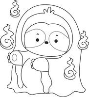 Outline of sloth wearing a white ghost costume Coloring pages of cute sloth. vector