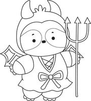 Outline of sloth wearing a red devil costume. Coloring pages of cute sloth. vector