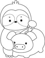 Outline of sloth savings money in the piggy bank. Coloring pages of cute sloth. vector