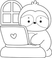 Outline of sloth working in the notepad. Coloring pages of cute sloth. vector
