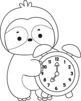 Outline of sloth bring an alarm clock. Coloring pages of cute sloth. vector