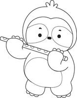 Outline of sloth playing a flute. Coloring pages of cute sloth. vector