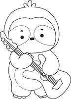 Outline of sloth playing a guitar. Coloring pages of cute sloth. vector