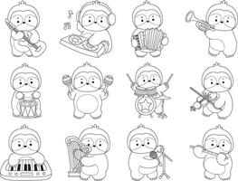 Outline of sloth in the variation of music and instrument. Coloring pages of cute sloth. vector