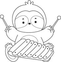 Outline of sloth playing a xylophone. Coloring pages of cute sloth. vector