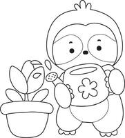 Outline of sloth watering a tulip flower. vector