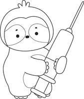 Outline of sloth bring a syringe. Coloring pages of cute sloth. vector