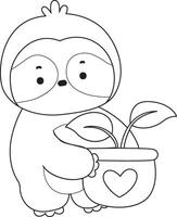 Outline of sloth bring a leaves. Coloring pages of cute sloth. vector