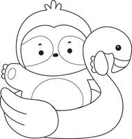 Outline of sloth stuck in the flamingo tire. Coloring pages of cute sloth. vector