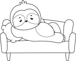 Outline of sloth laying in the couch. Coloring pages of cute sloth. vector