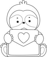 Outline of sloth bring a love letter. Coloring pages of cute sloth. vector