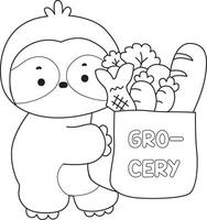Outline of sloth bring a grocery bag. Coloring pages of cute sloth. vector