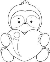 Outline of sloth bring a love sign. Coloring pages of cute sloth. vector