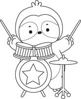 Outline of sloth playing a drum. Coloring pages of cute sloth. vector
