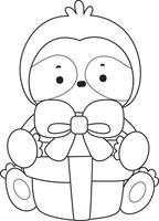 Outline of sloth bring a gift box. Coloring pages of cute sloth. vector