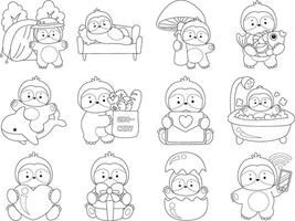 Outline of sloth in the variation of daily life. Coloring pages of cute sloth. vector