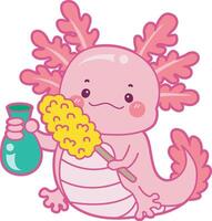 Axolotl cleaning the vase with feather duster. Illustration of cute axolotl activities icon. vector