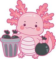 Axolotl throw the garbage into its place. Illustration of cute axolotl activities icon. vector