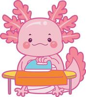Axolotl ironing the clothes. Illustration of cute axolotl activities icon. vector