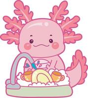 axolotl cleaning the plate in the sink. Illustration of cute axolotl activities icon. vector