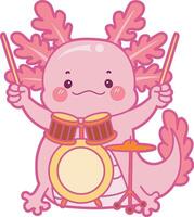 Axolotl playing a drum. Illustration of cute axolotl activities icon. vector