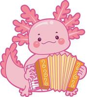 Axolotl playing an accordion. Illustration of cute axolotl activities icon. vector