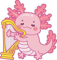 Axolotl playing a harpa. Illustration of cute axolotl activities icon. vector