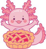 Axolotl bring a pie cherry. Illustration of cute axolotl activities icon. vector