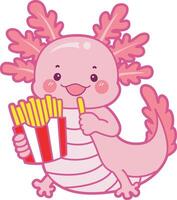 Axolotl eating a french fries. Illustration of cute axolotl activities icon. vector
