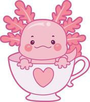 Axolotl in the cup of tea. Illustration of cute axolotl activities icon. vector