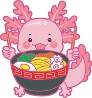 Axolotl want to eating ramen. Illustration of cute axolotl activities icon. vector