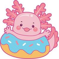 Axolotl stuck in the doughnut. Illustration of cute axolotl activities icon. vector