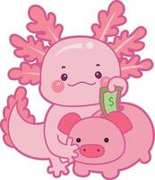 Axolotl savings money in the piggy bank. Illustration of cute axolotl activities icon. vector