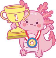 Axolotl bring a trophy. Illustration of cute axolotl activities icon. vector