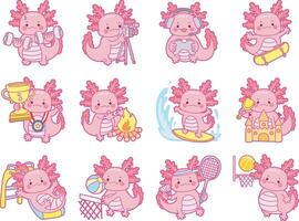 Axolotl n the variation of sport and workout. Illustration of cute axolotl activities icon. vector
