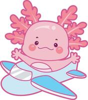 Axolotl riding a plane. Illustration of cute axolotl activities icon. vector
