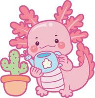 Axolotl watering a cactus. Illustration of cute axolotl activities icon. vector