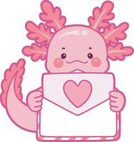 Axolotl bring a love letter. Illustration of cute axolotl activities icon. vector