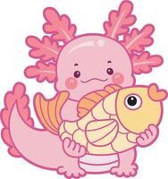 Axolotl bring a gold fish. Illustration of cute axolotl activities icon. vector